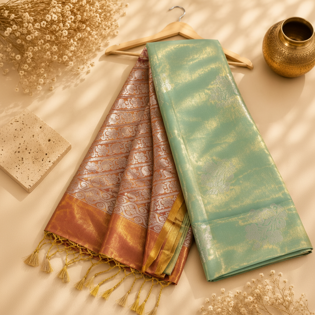 Vahini Pista Green Soft Silk Saree with Glossy Gold Tone & Contrast Pallu
