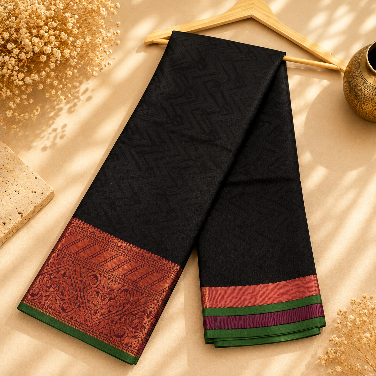 Leksha Black Jacquard Saree with Copper Zari & Green Contrast Border