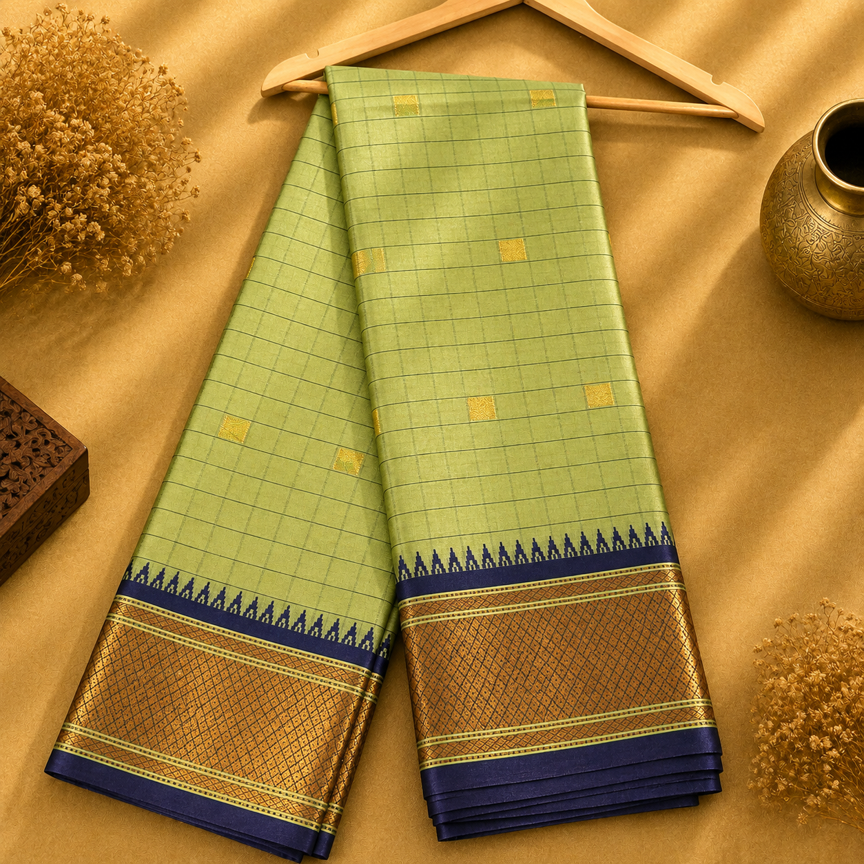 Srinidhi Pistachio Green Soft Silk Saree with Navy Blue & Gold Jacquard Border