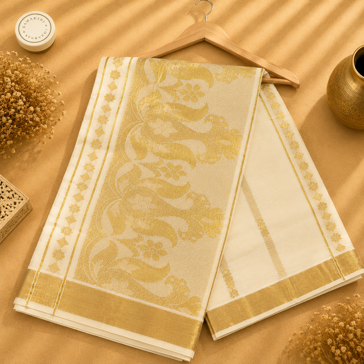 Avani Kerala Style Ivory & Gold Peacock Saree with Traditional Border