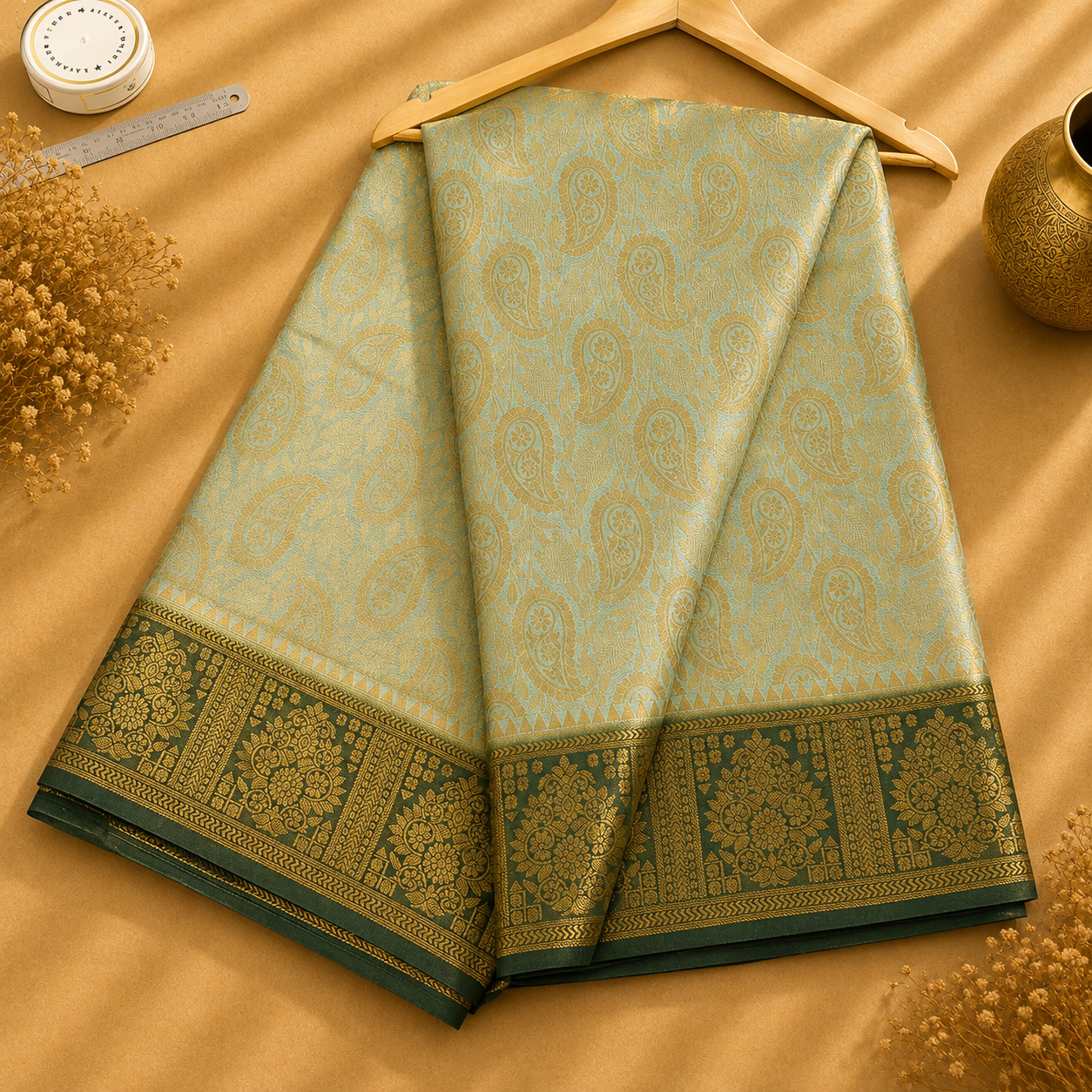 Hemalika Seafoam Green & Bottle Green Semi Silk Saree with Gold Paisley Jacquard