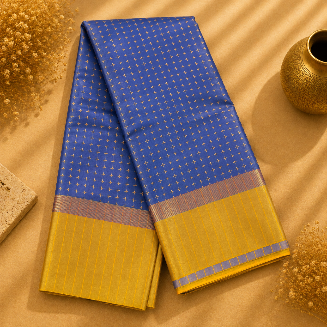 Meenakshi Royal Blue Soft Silk Saree with Mustard Gold Contrast Border
