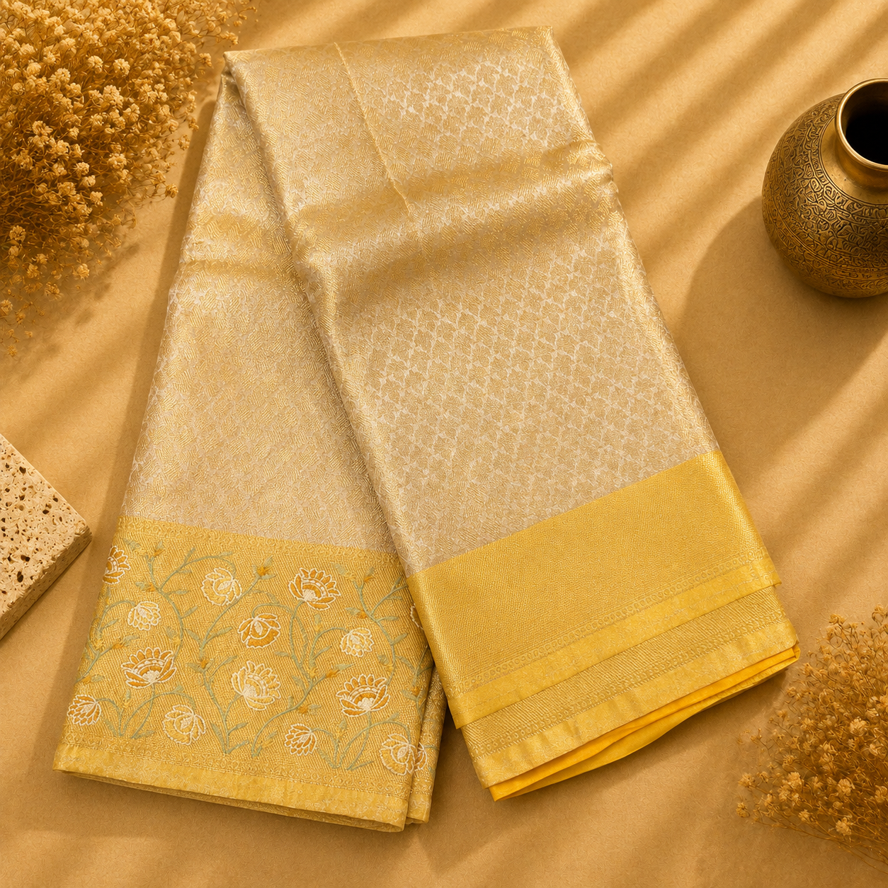 Vandana Ivory & Mustard Gold Floral Border Woven Saree