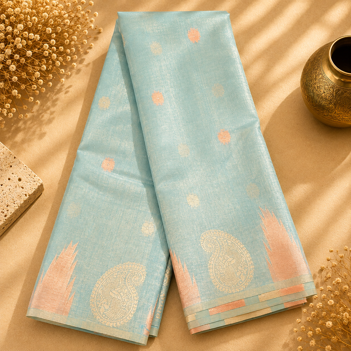 Sharika Sky Blue Bengal Cotton Jacquard Saree with Peach Woven Motifs