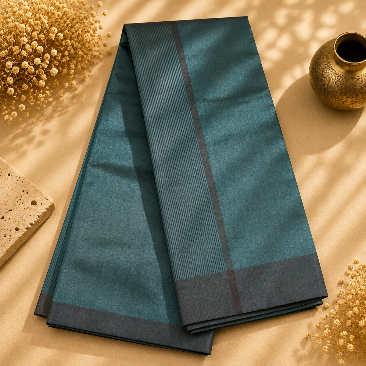 Charu Deep Teal & Charcoal Border Minimalist Woven Cotton Saree