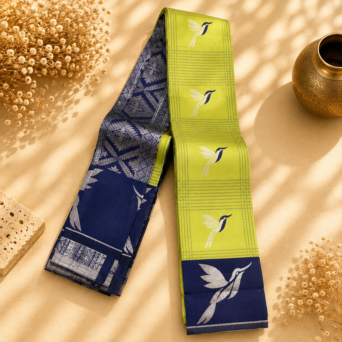 Kavya Lime Green & Navy Bird Motif Woven Saree with Contrast Pallu