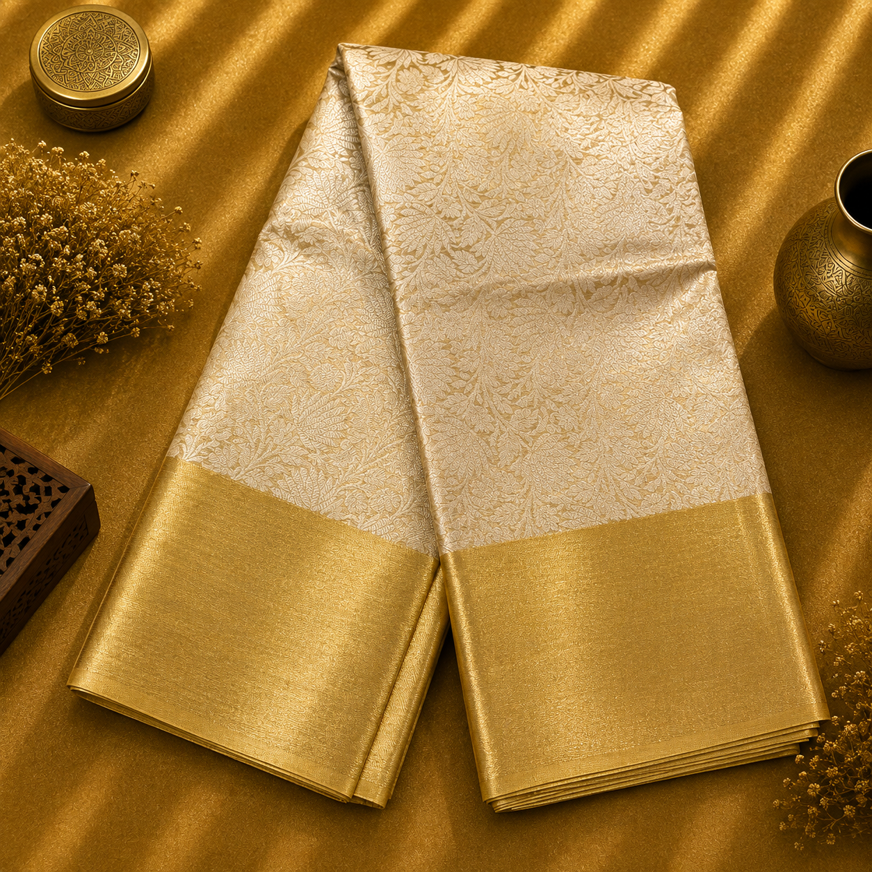 Malavika Ivory & Gold Floral Jacquard Tissue Saree with Rich Gold Border