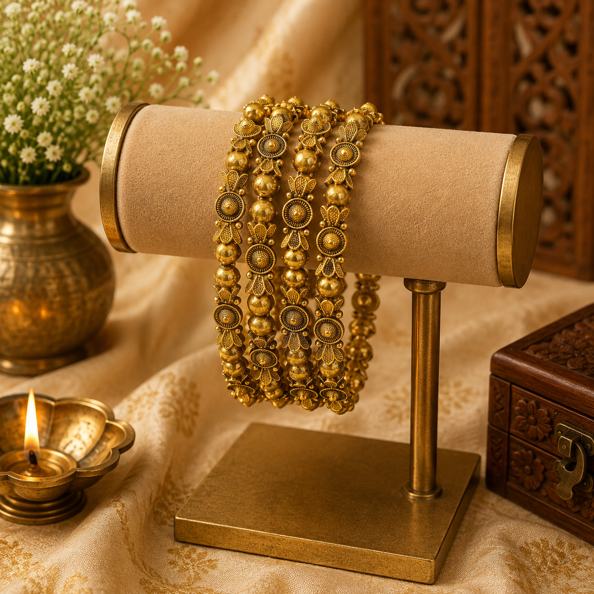Laksha Traditional Antique Gold Beaded Bangles with Floral Motifs
