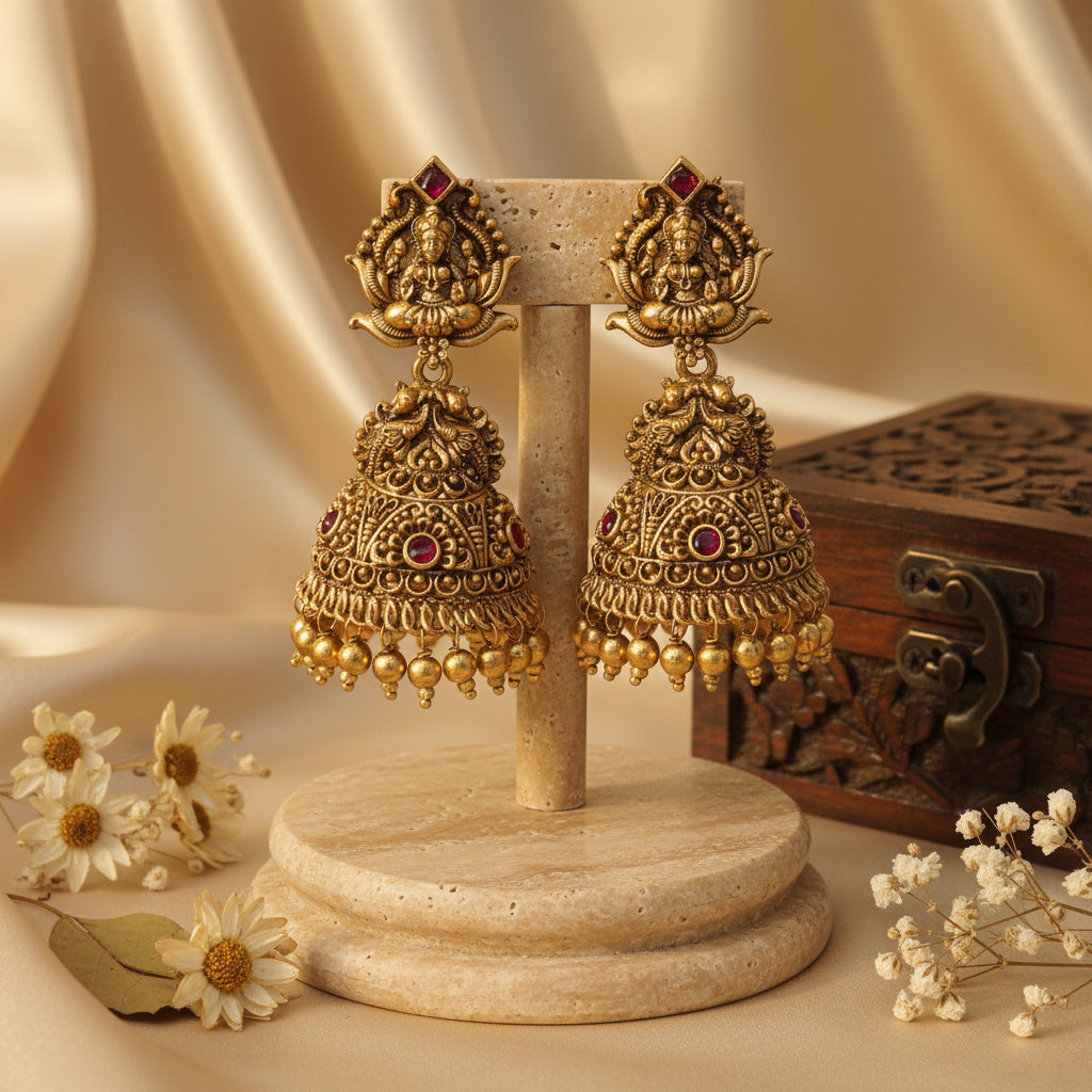 Vanitha Traditional Antique Gold Lakshmi Jhumka Earrings with Ruby Stones
