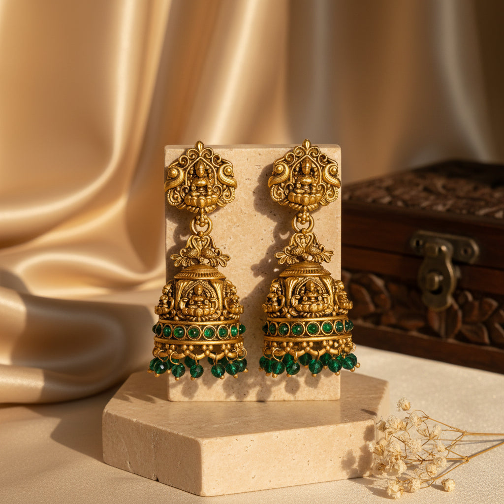 Mahathi Antique Gold Lakshmi Temple Jhumka Earrings with Emerald Green Beads