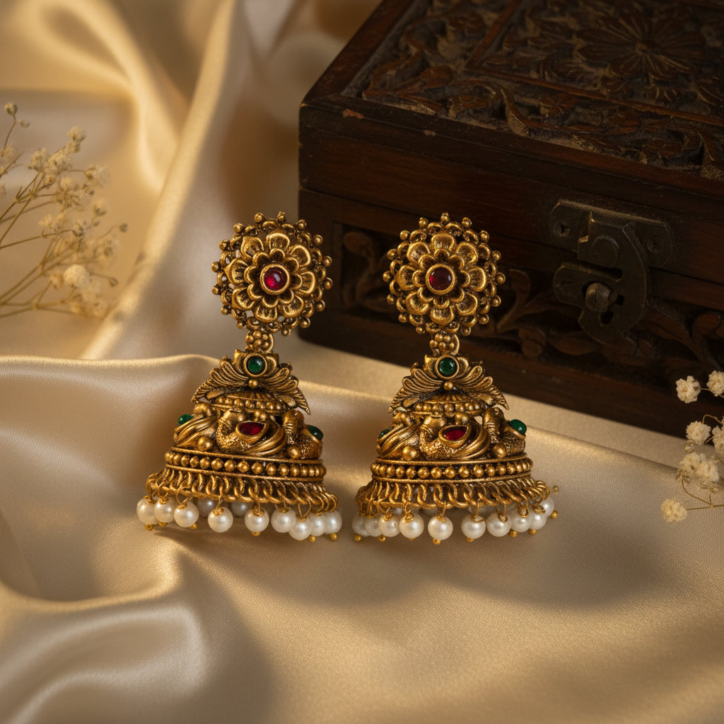 Vedhika Traditional Antique Gold Peacock Jhumka Earrings with Ruby, Emerald & Pearl Drops
