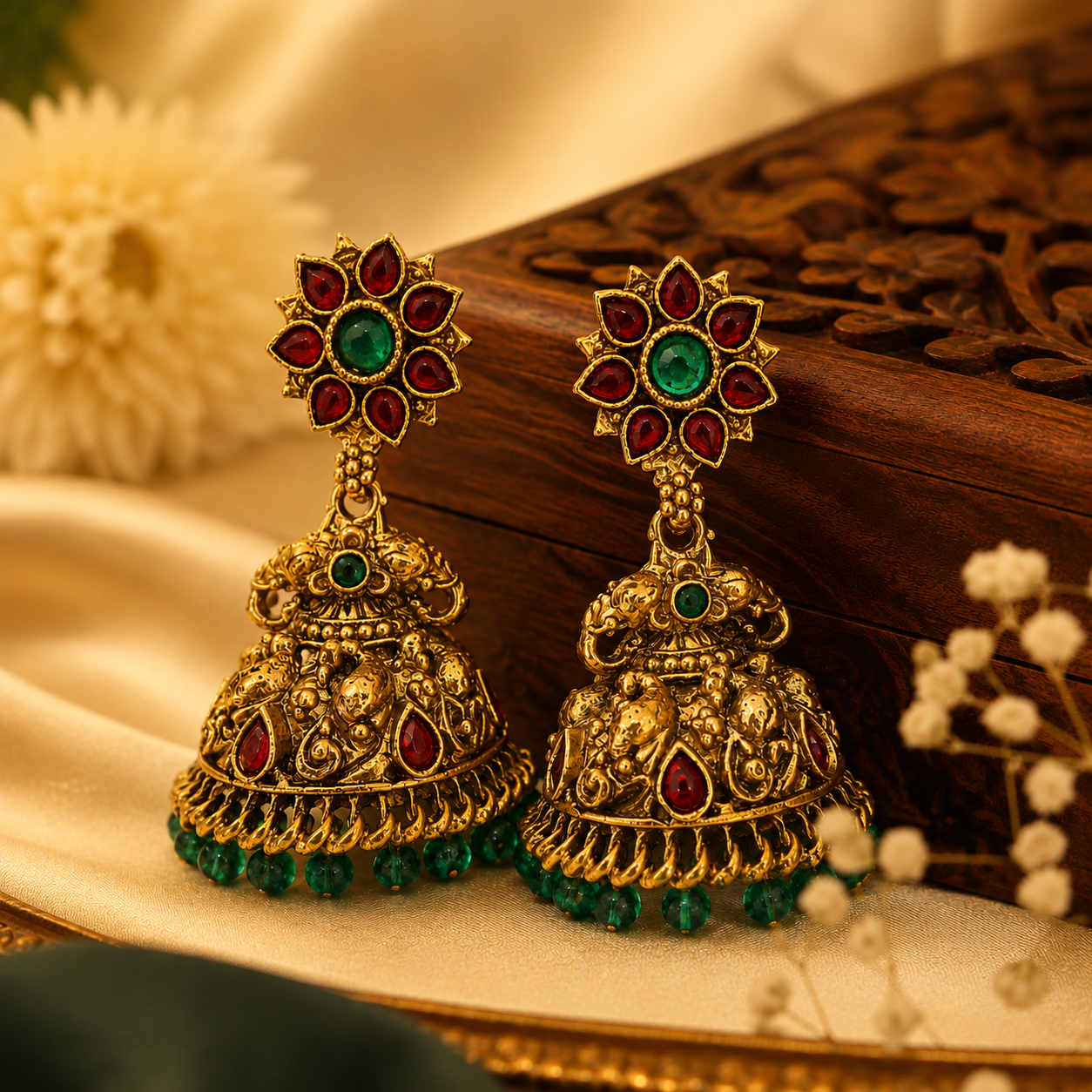 Lekha Traditional Antique Gold Jhumka Earrings with Ruby & Emerald Green Stones