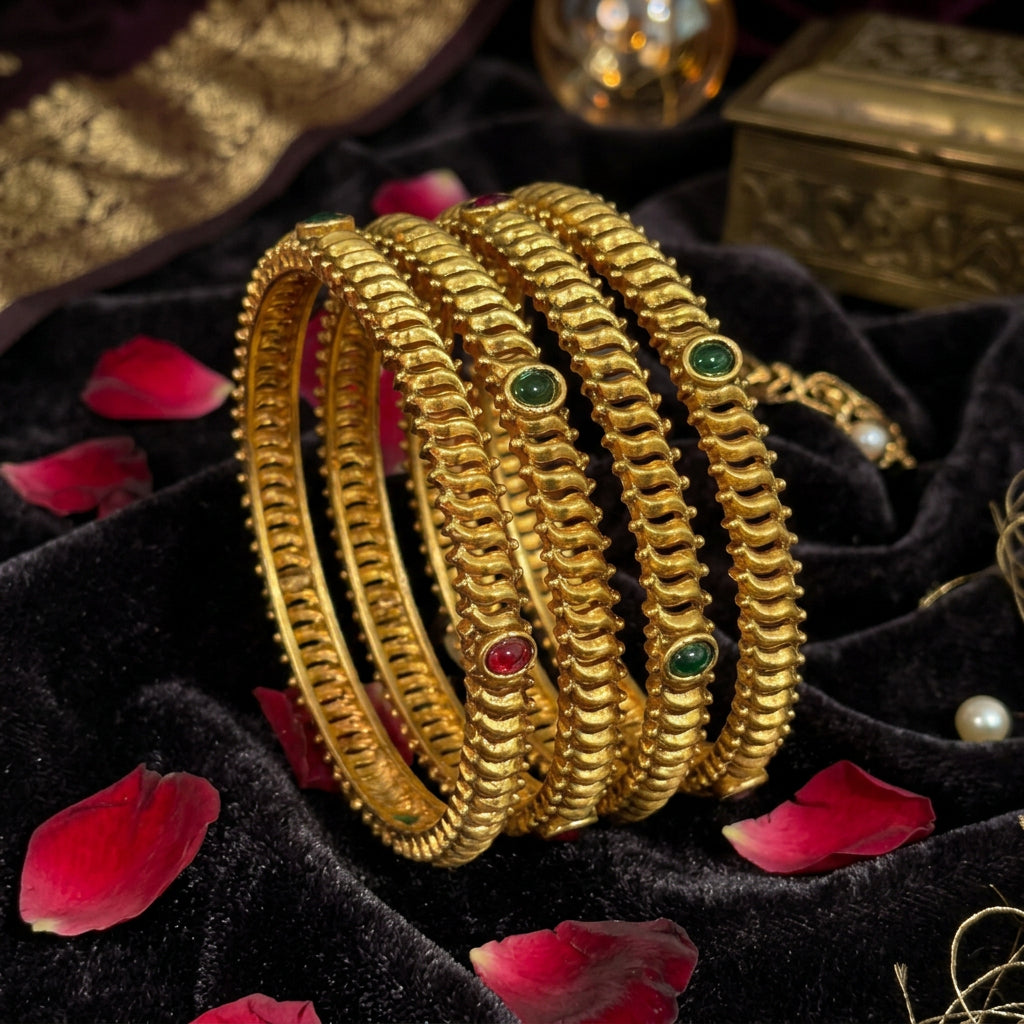 Harini Traditional Antique Gold Bangles with Floral Motifs