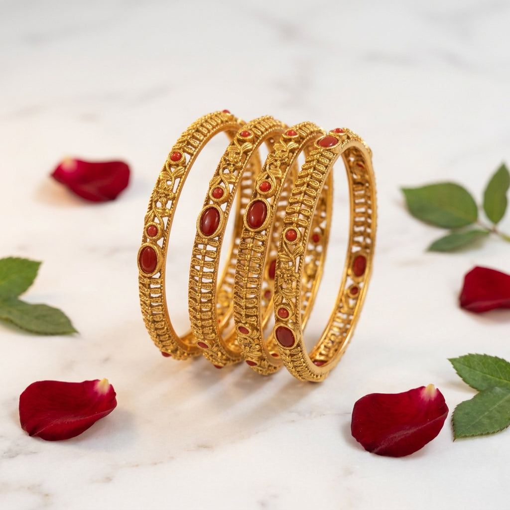 Shradha Traditional Antique Gold Bangles with Floral Motifs