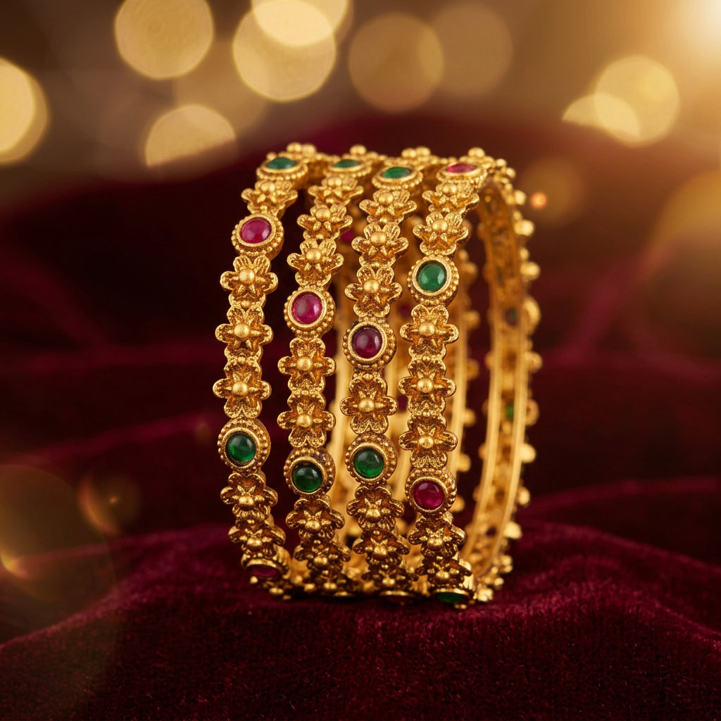 Vineesha Traditional Antique Bangles with Ruby & Emerald Green Stones