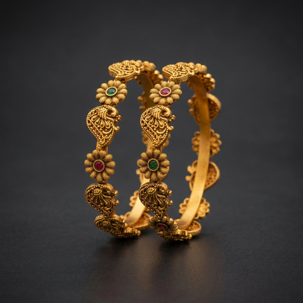 krithi Traditional Antique Bangles with Ruby & Emerald Green Stones