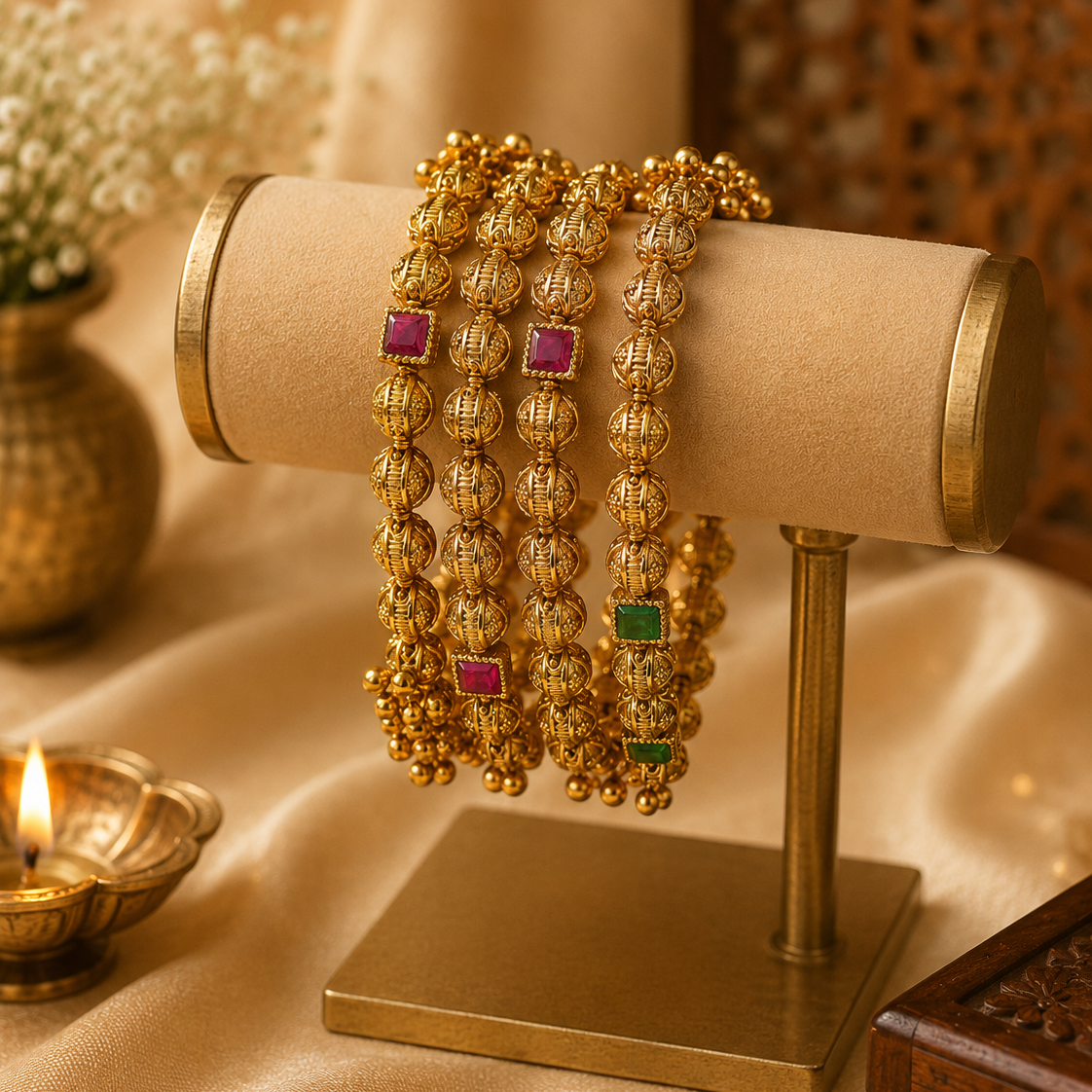 Mridhula Traditional Antique Gold Bangles with Ruby & Emerald Green Stones