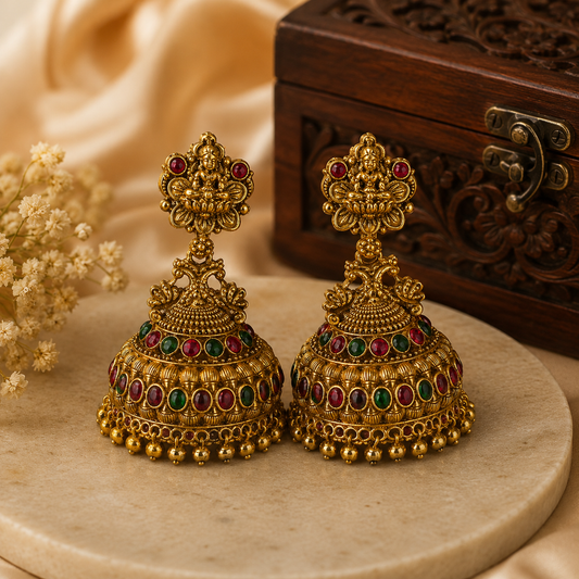 Mounika Traditional Antique Gold Peacock Jhumka Earrings with Ruby & Emerald Stones