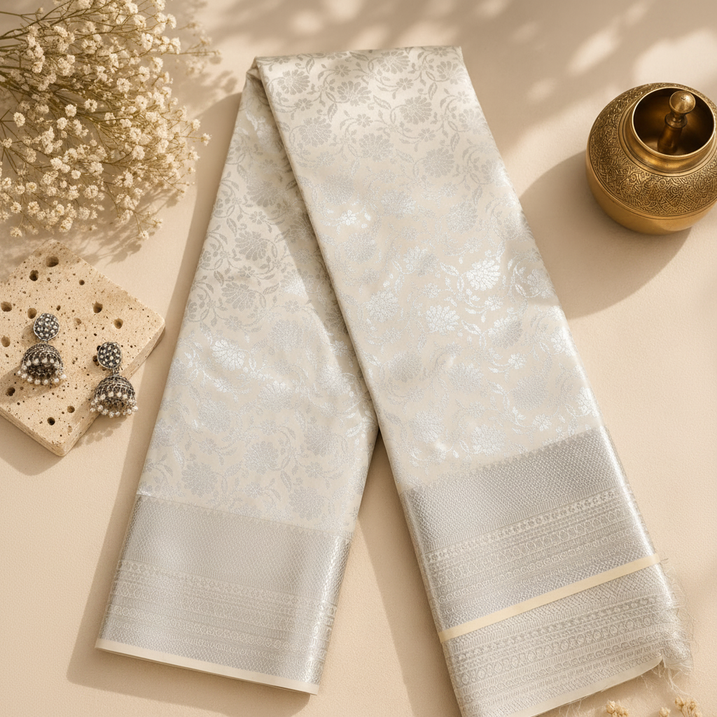 Aishwarya Ivory & Silver Floral Jacquard-Style Woven Saree with Silver Zari-Style Border