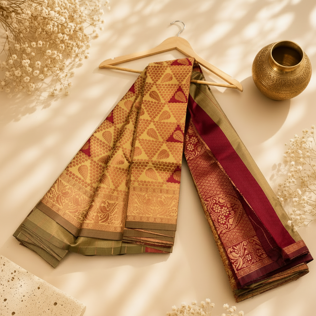 Maha Antique Gold Semi Silk Saree with Maroon & Olive Green Contrast
