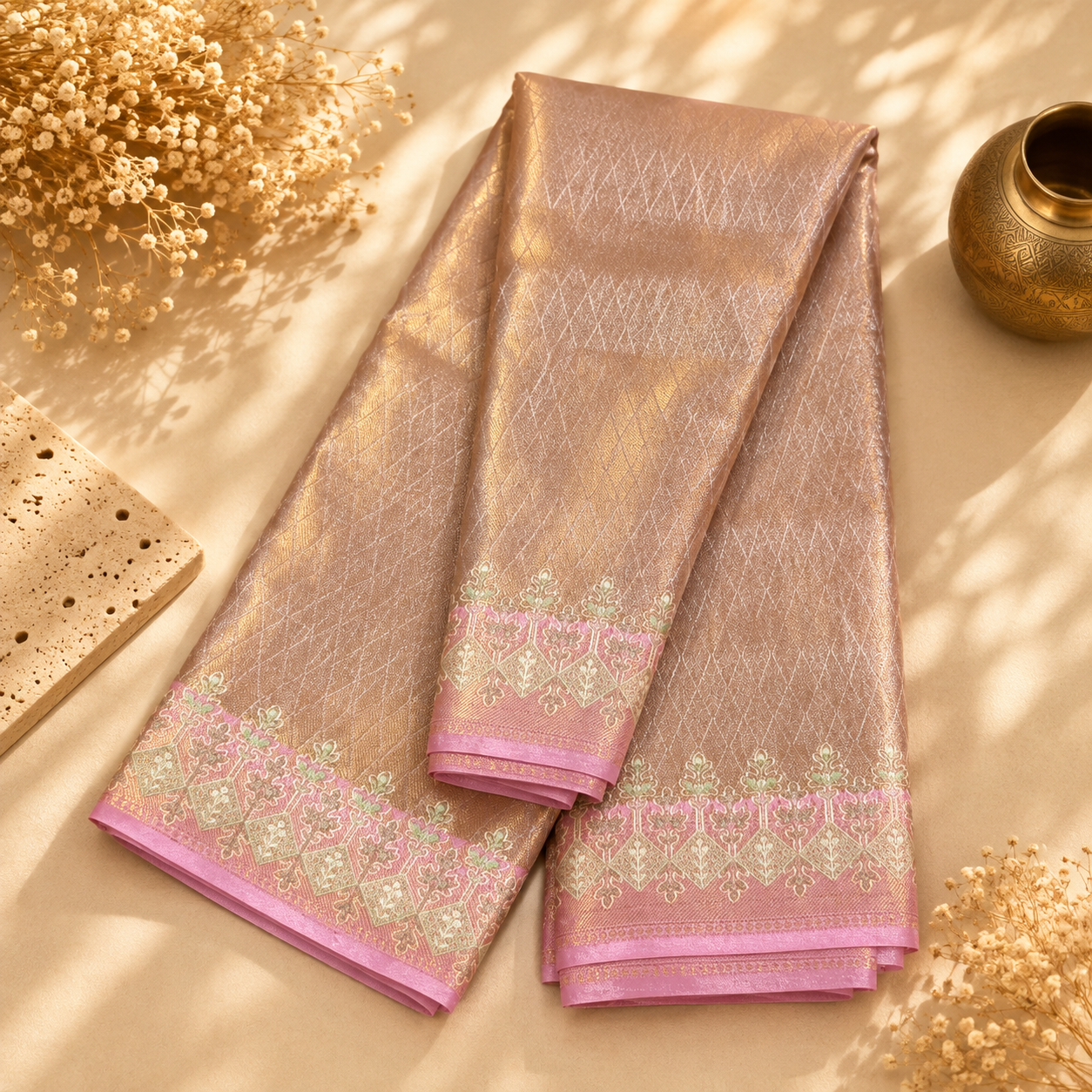 Mithra Rose Gold Tissue Saree with Pink & Green Embroidered Border