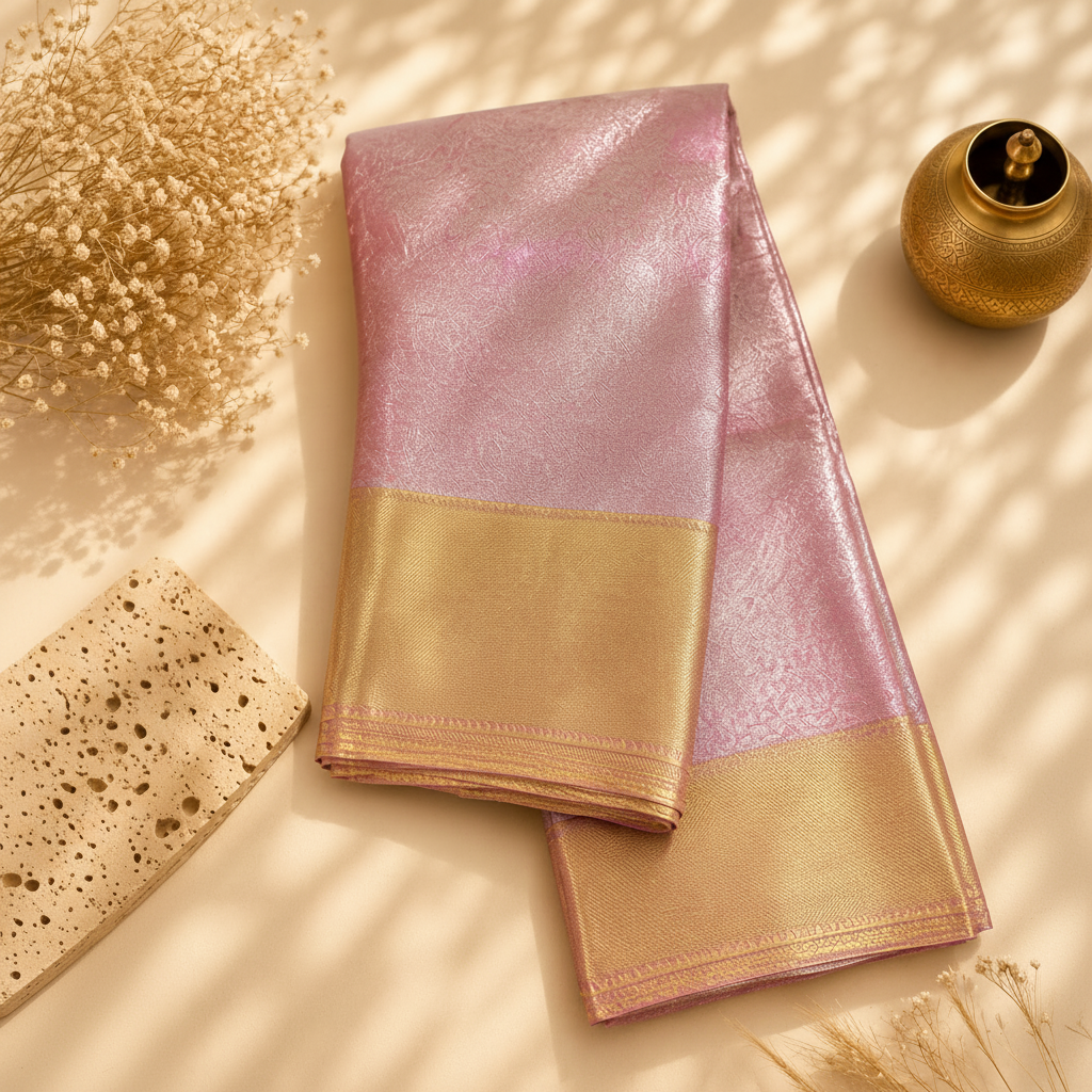 Mahika Blush Pink Tissue Saree with Rich Gold Zari Border