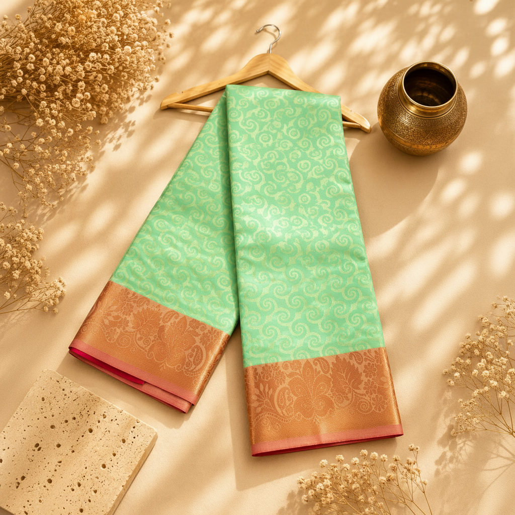 Shikha Mint Green Soft Silk Saree with Copper Gold Floral Jacquard Border