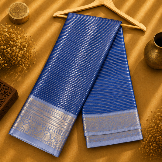 Manasa Royal Blue Tissue Saree with Silver-Gold Zari Stripes & Jacquard Border