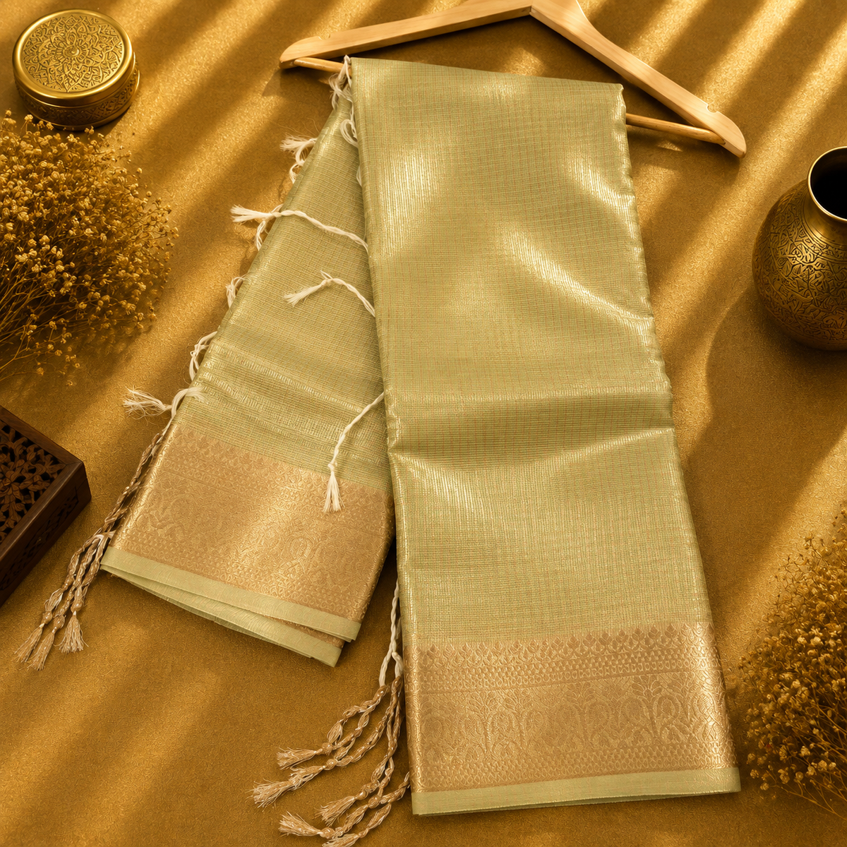 Laashya Pastel Pista Green Kota Cotton Saree with Gold Zari Border