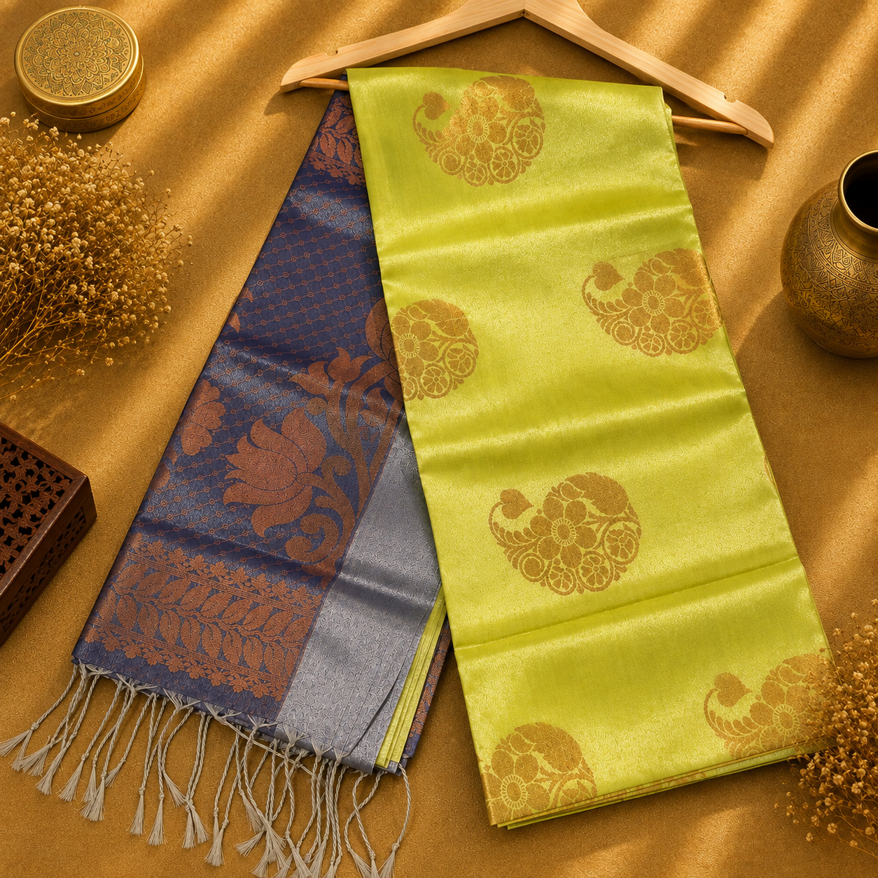 Varshini Lime Green Soft Silk Saree with Peacock Motifs & Contrast Jacquard Pallu