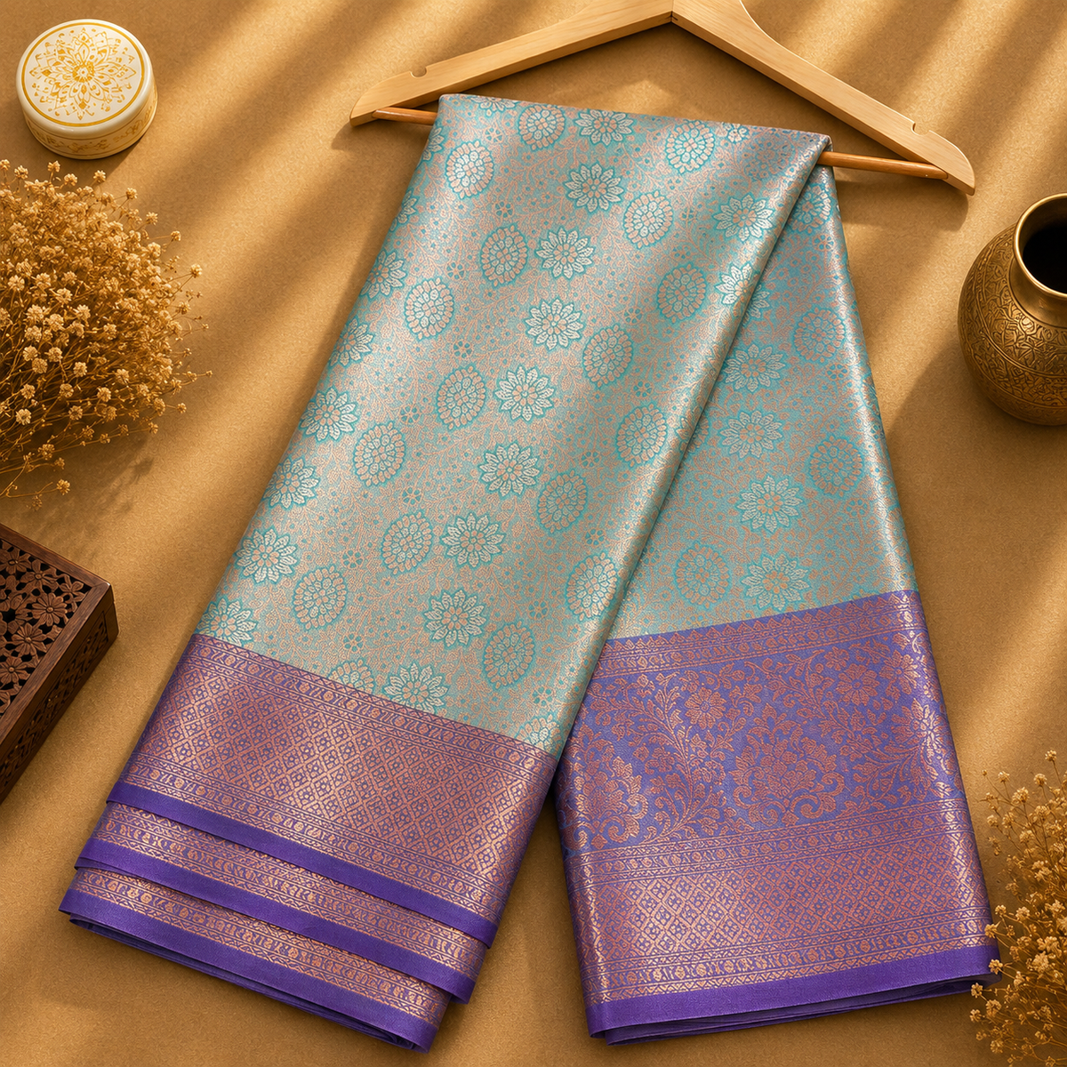 Mathu Aqua Blue Soft Silk Saree with Purple & Rose-Gold Jacquard Border