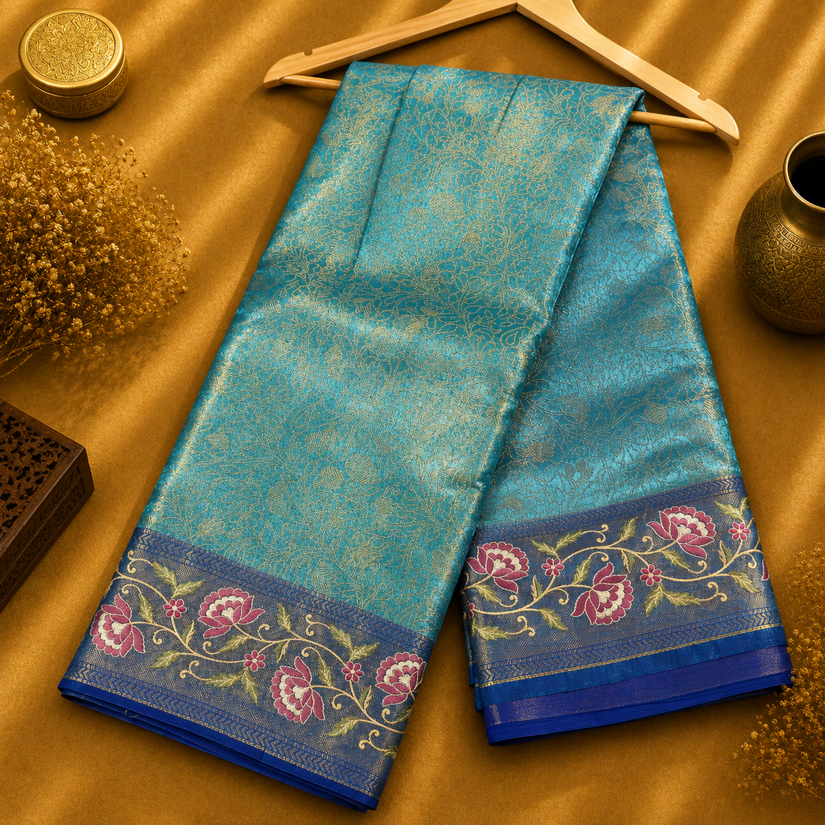 Moksha Turquoise Blue Tissue Gold Dual-Tone Saree with Floral Embroidered Border