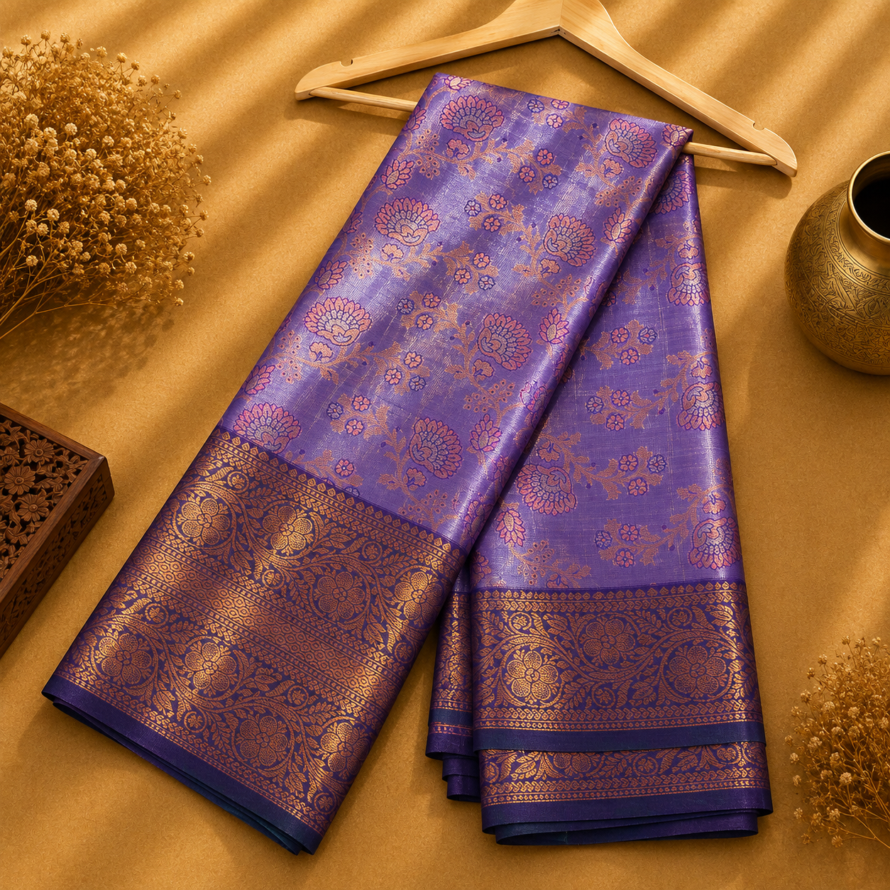 Deetya Lavender Purple Semi Silk Saree with Copper Gold Floral Jacquard Border