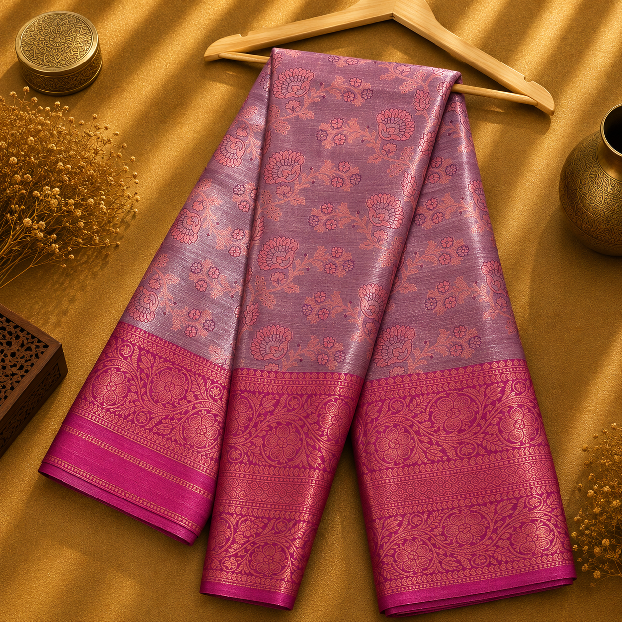 Deeksha Dusty Mauve & Rani Pink Semi Silk Saree with Floral Gold Jacquard Border