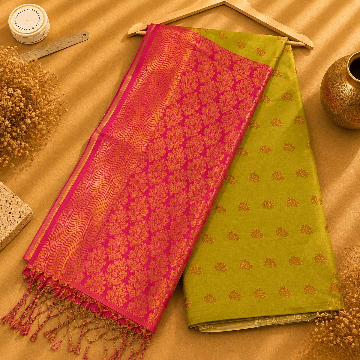 Sonakshi Mehendi Green & Rani Pink Semi Silk Saree with Gold Jacquard Pallu