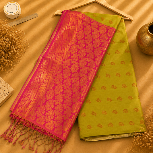 Sonakshi Mehendi Green & Rani Pink Semi Silk Saree with Gold Jacquard Pallu