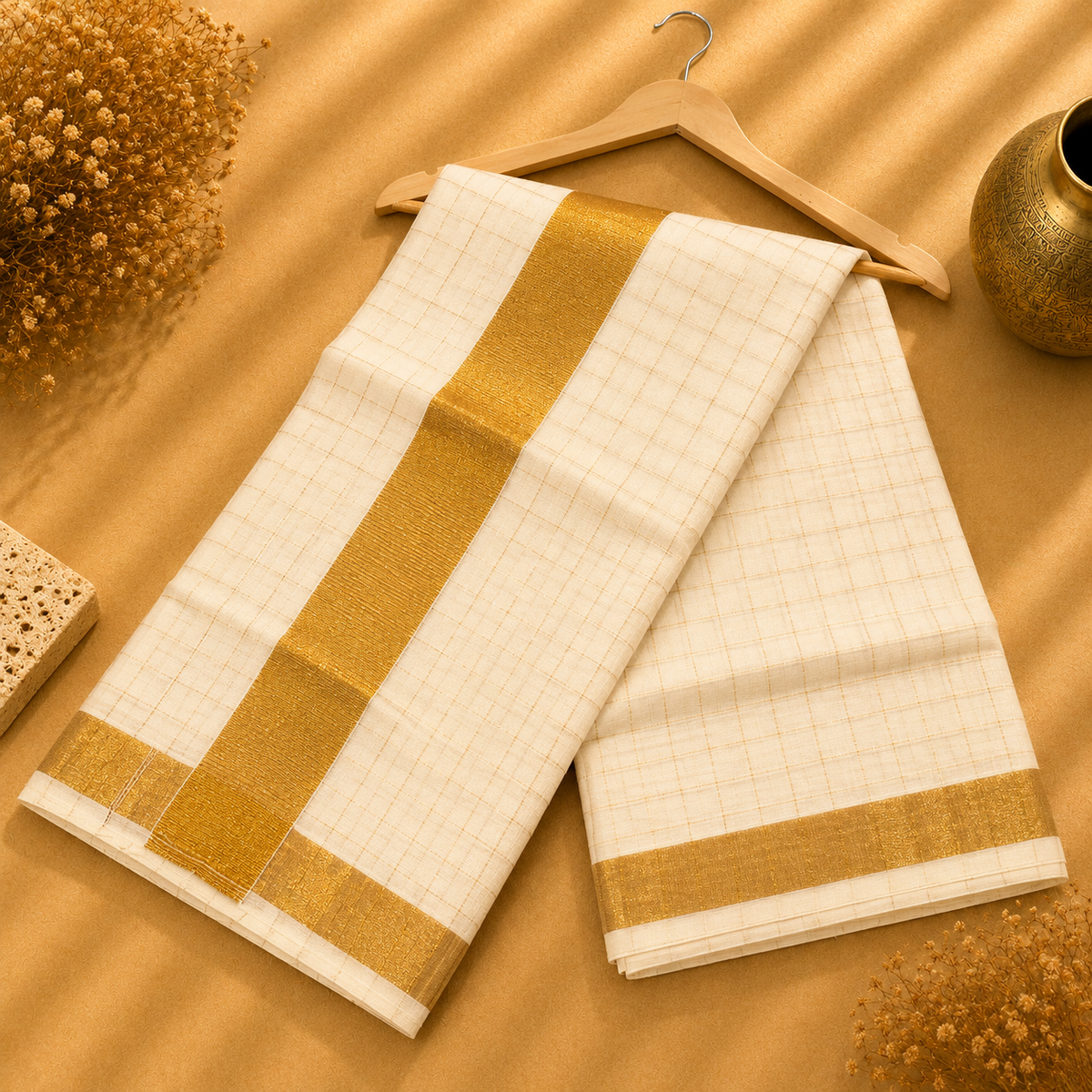 Mahithi Kerala Style Ivory & Gold Checked Saree with Broad Gold Border