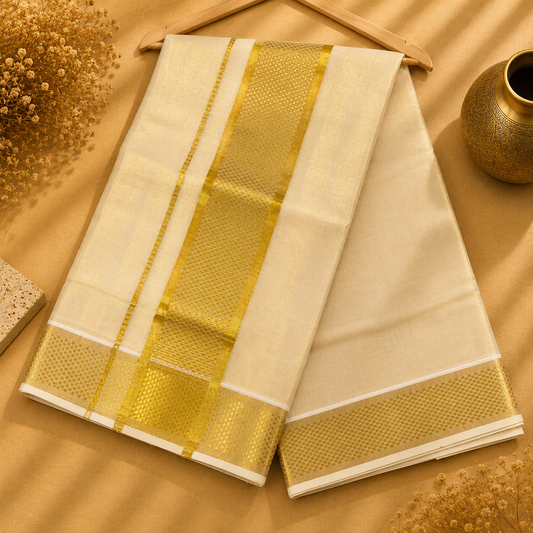 Mrithula Kerala Style Ivory & Gold Saree with Traditional Kasavu-Inspired Border