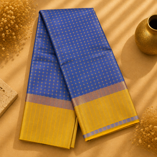 Meenakshi Royal Blue Soft Silk Saree with Mustard Gold Contrast Border