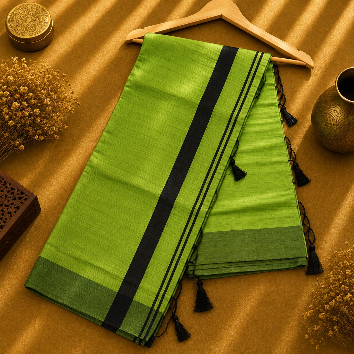 Manshi Lime Green Cotton Saree with Black Contrast Border & Tassels