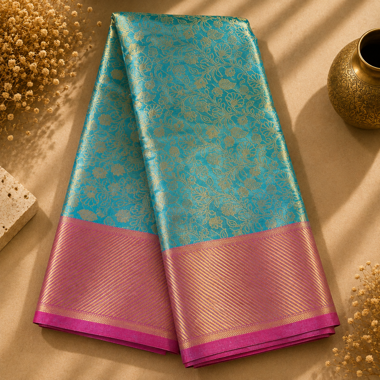 Vrithi Turquoise Blue & Gold Dual Shade Tissue Saree with Rani Pink Border & Gold Floral Jacquard
