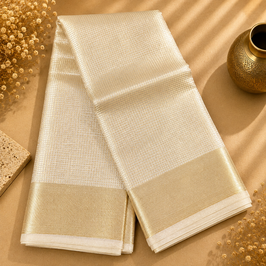 Manika Ivory & Gold Woven Tissue Saree with Rich Gold Border