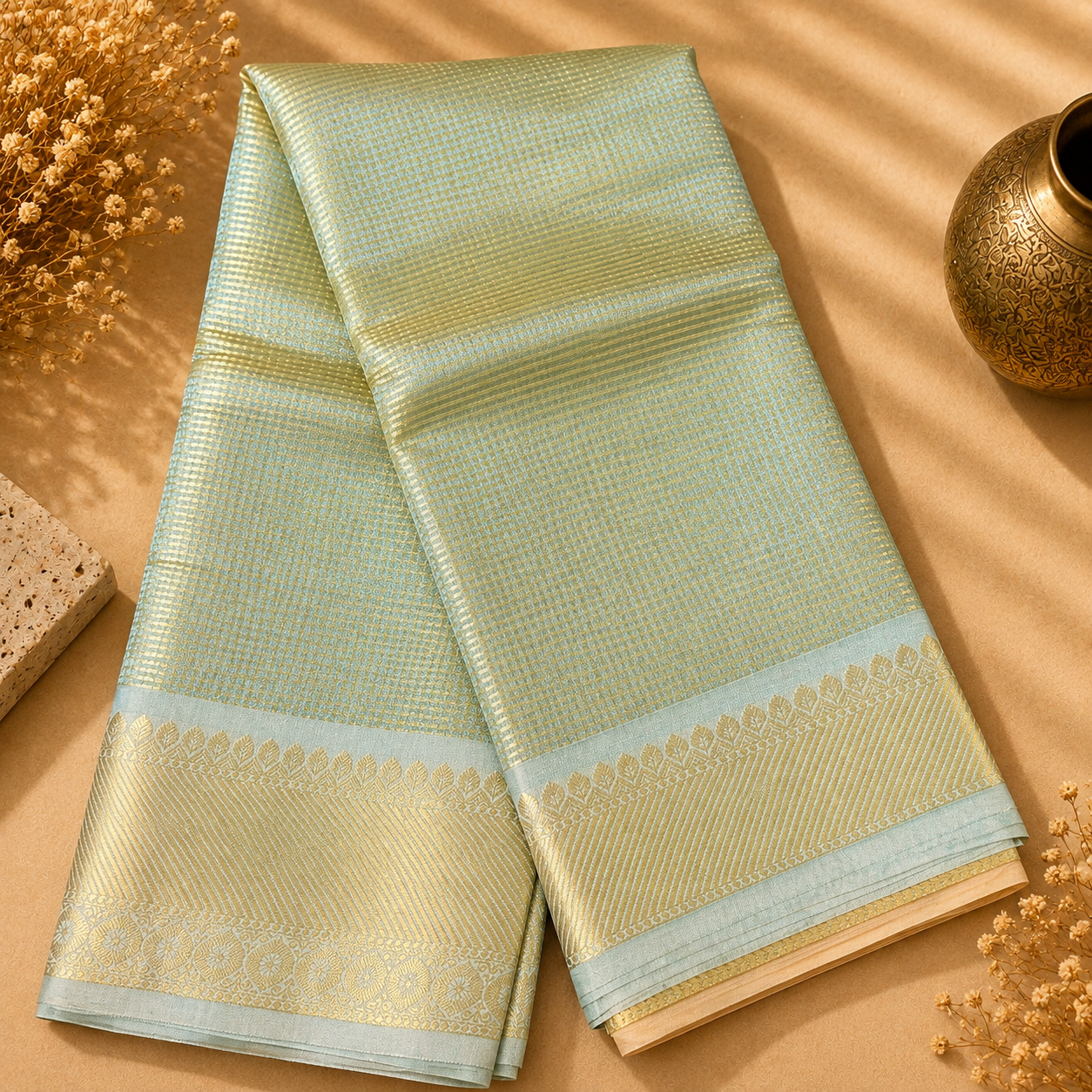Meghna Aqua Blue Tissue Semi-Silk Saree with Gold Zari Woven Border