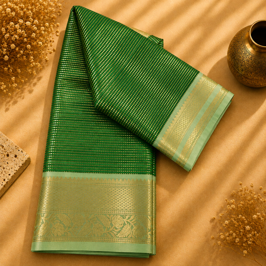 Spandhana Emerald Green Tissue Semi-Silk Saree with Gold Zari Border