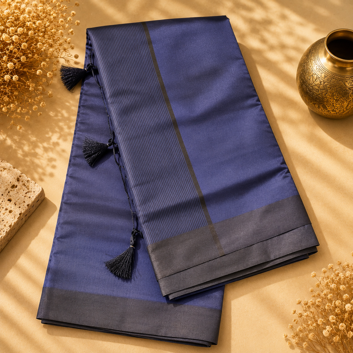 Sanvi Royal Indigo Blue Cotton Saree with Charcoal Border & Tassel Pallu