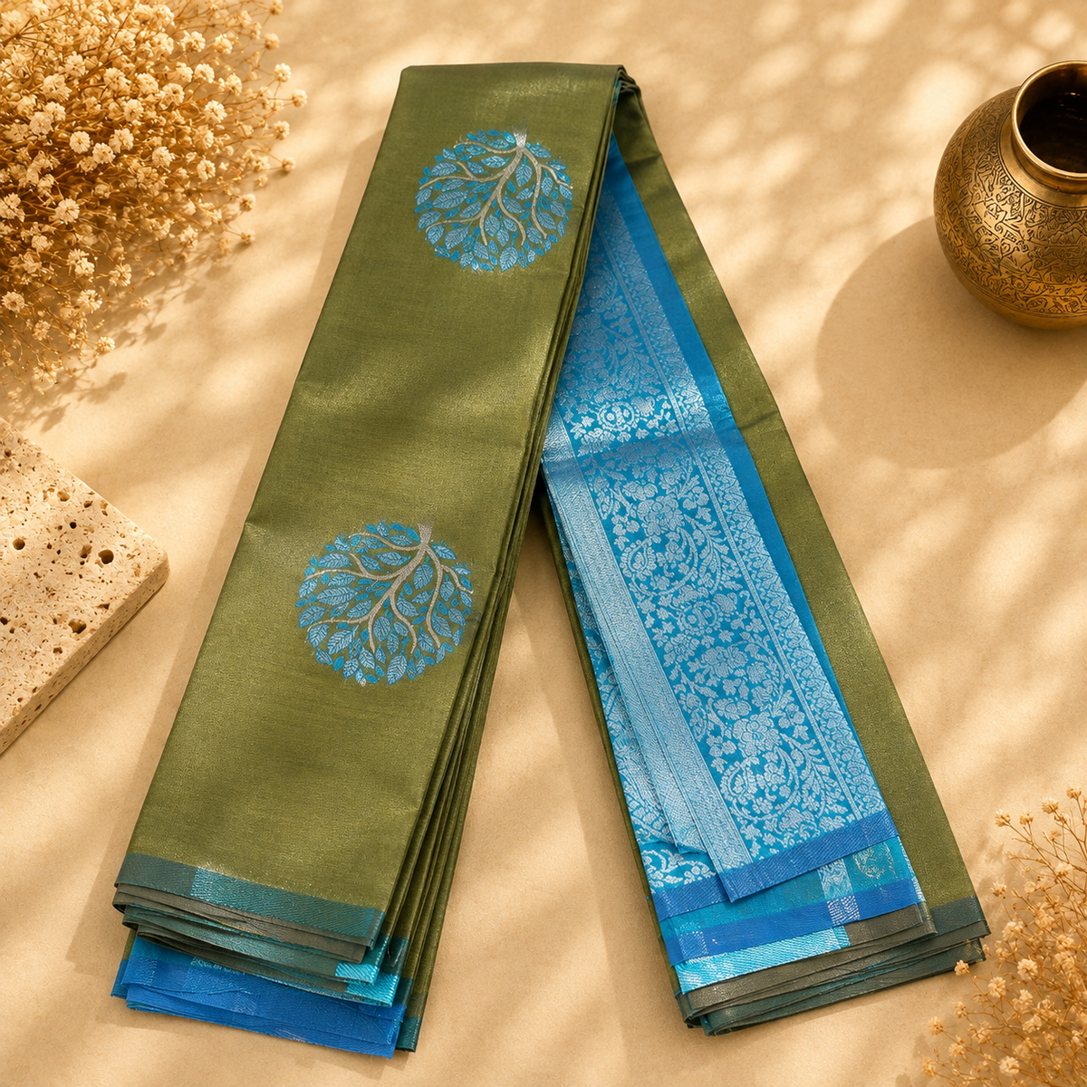 Swathi Olive Green & Peacock Blue Woven Saree with Tree Motifs