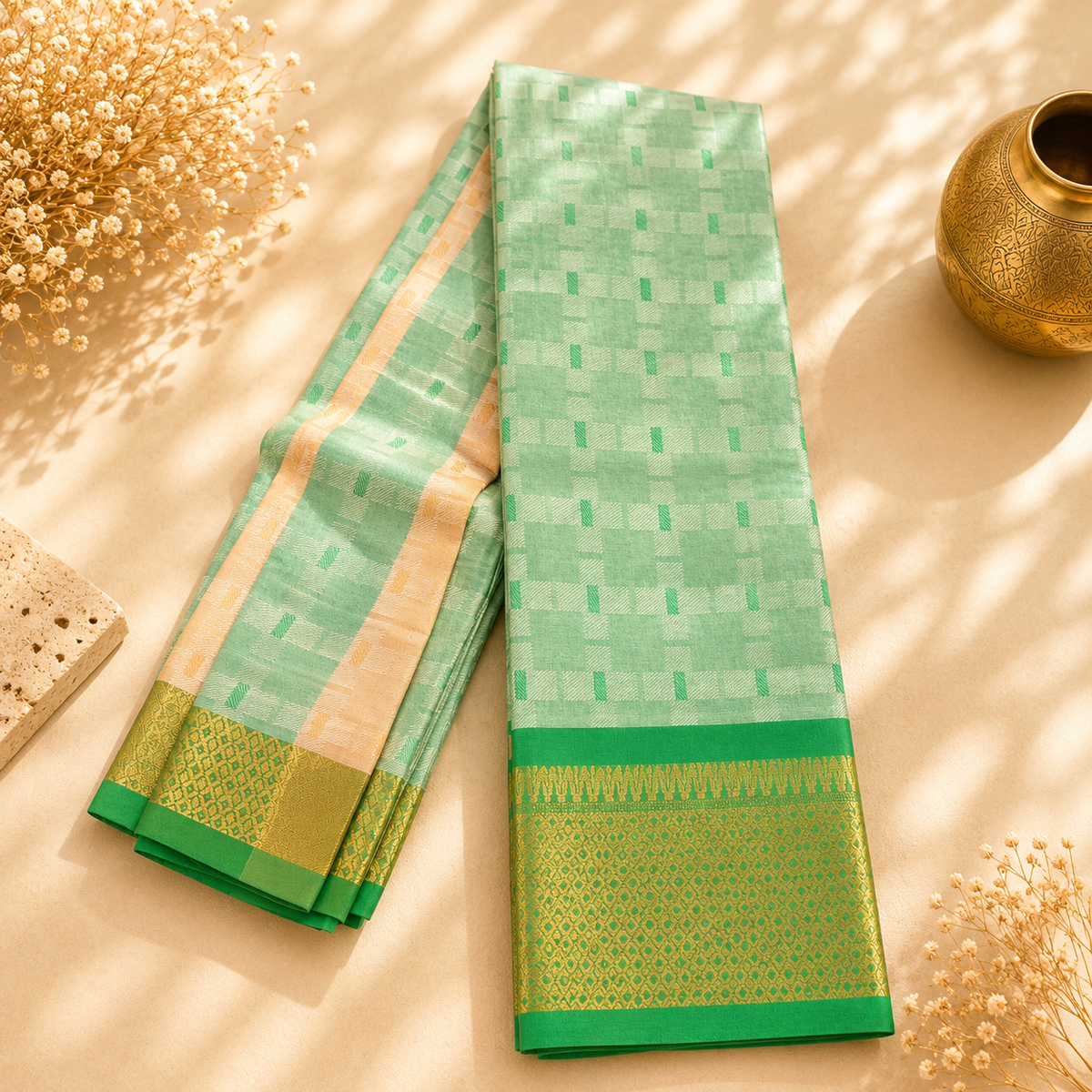 Divya Mint Green & Gold Jacquard-Style Saree with Traditional Woven Border