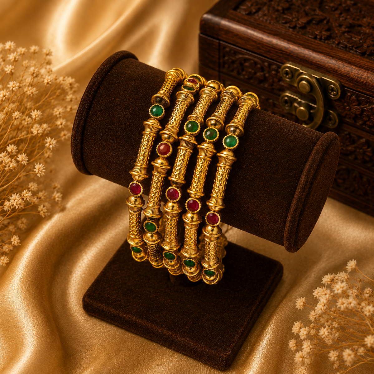 Avanthika Traditional Antique Bangles with Ruby & Emerald Green CZ Stones