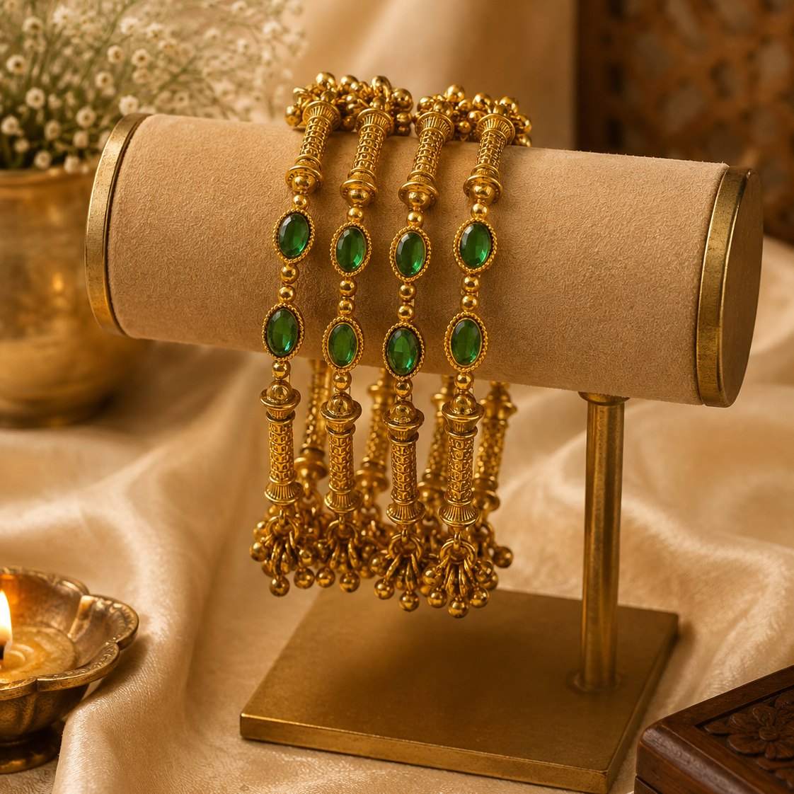 Vandana Traditional Antique Gold Bangles with Emerald Green and Pink Stones