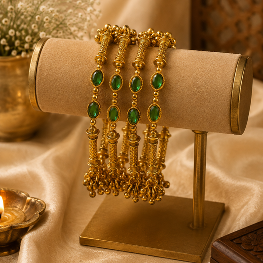 Vandana Traditional Antique Gold Bangles with Emerald Green and Pink Stones